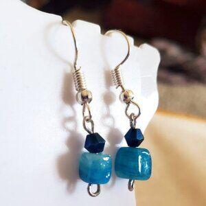 Silver Tone Hook Blue Glass Cube Bead Earrings NWT